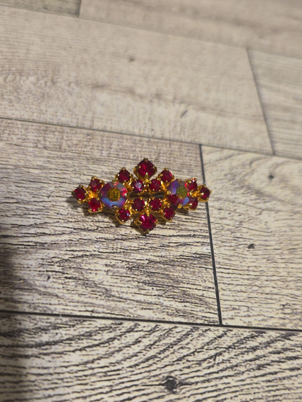 Vintage Austria Gold-Tone Red Crystal Floral Brooch